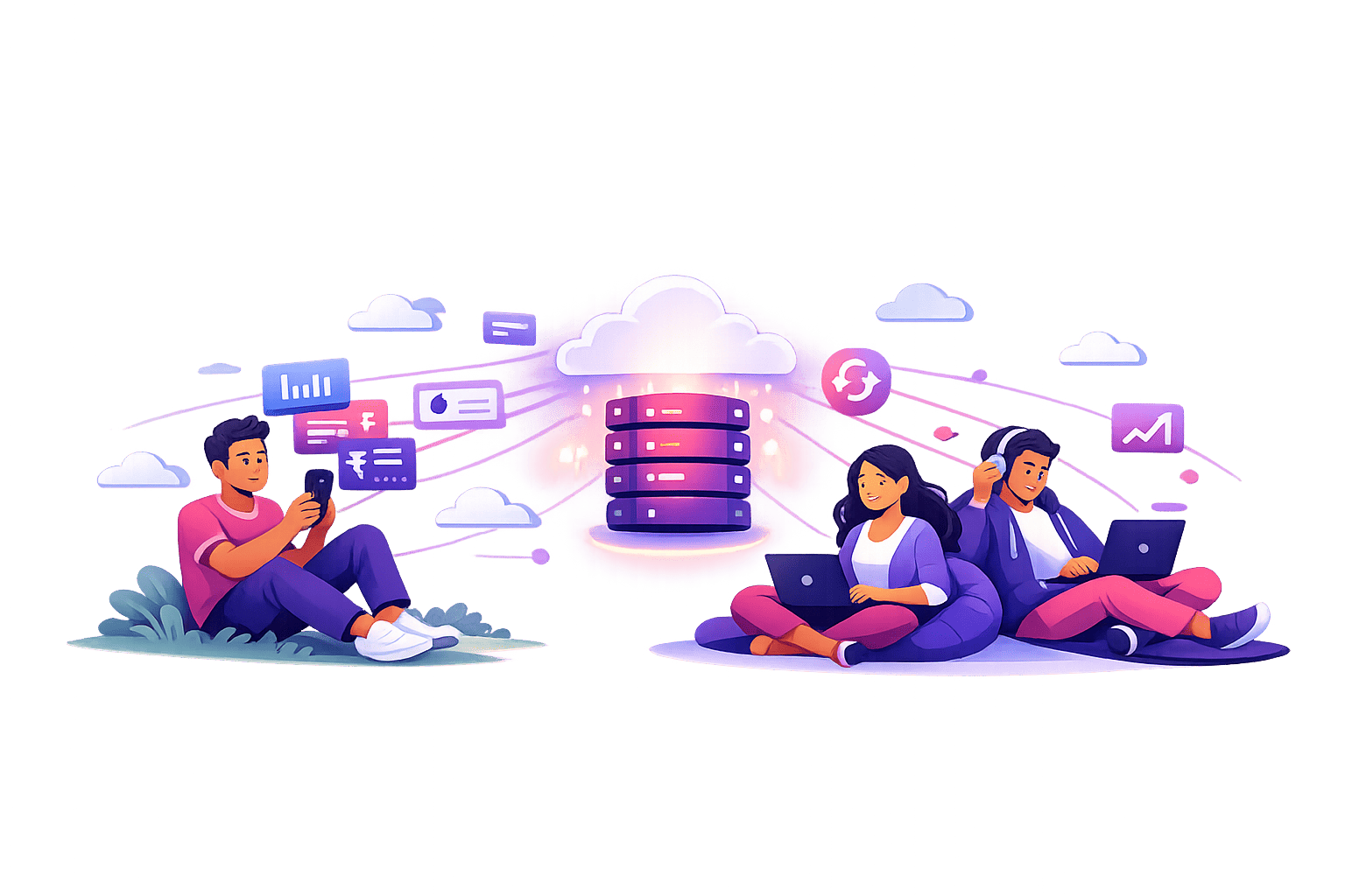FinlyticZ team working from anywhere — phones and laptops syncing live with Tally data in the cloud