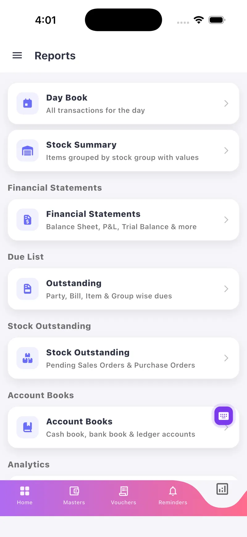 FinlyticZ mobile app screen for Generate Deep-Dive Financial Reports